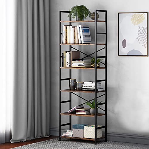 6-Tier Adjustable Tall Bookcase, Rustic Wood and Metal Standing Bookshelf, Industrial Vintage Book Shelf Unit, Open Back Modern Office Bookcases