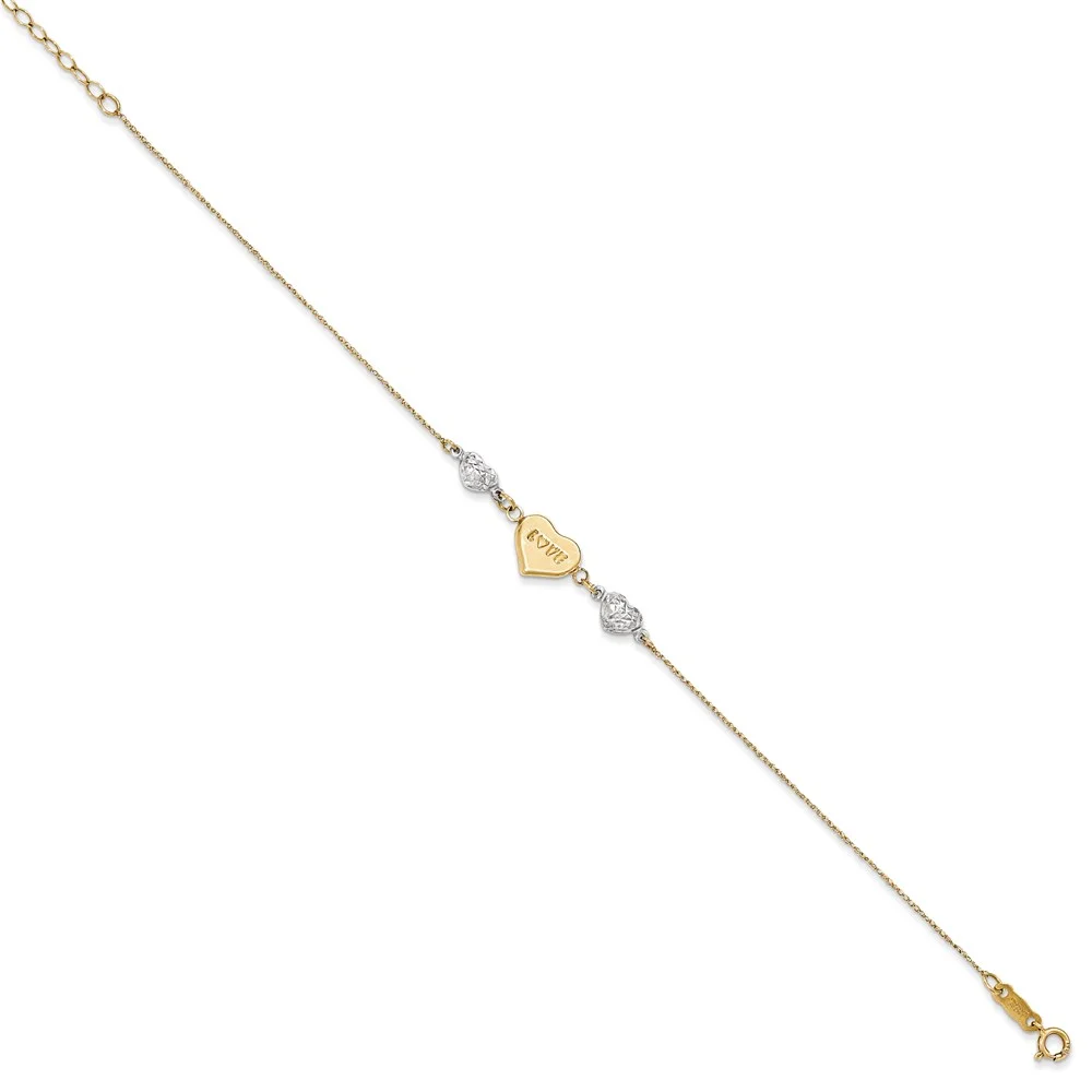 Primal Gold 14 Karat Two-Tone Puffed Love Heart and Diamond-cut Hearts Bracelet