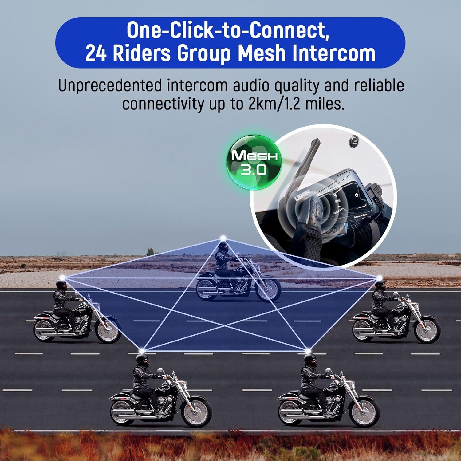 LEXIN MTX Motorcycle Bluetooth Headset, Mesh Intercom 24 Riders, Audio Multitasking Helmet Bluetooth Communication System, Waterproof/Voice Assistant/FM Radio/Music Sharing for Snowmobile, 4 Pack