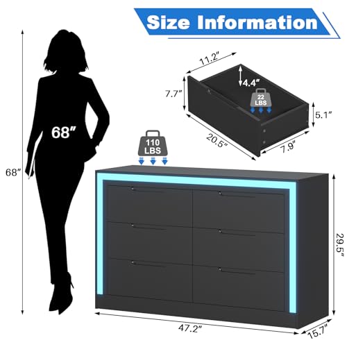Dresser for Bedroom, 6 Drawer Dresser with LED Light, Black Dressers Chests of Drawers,Organizer Storage Drawers for Hallway, Entryway,Bedroom