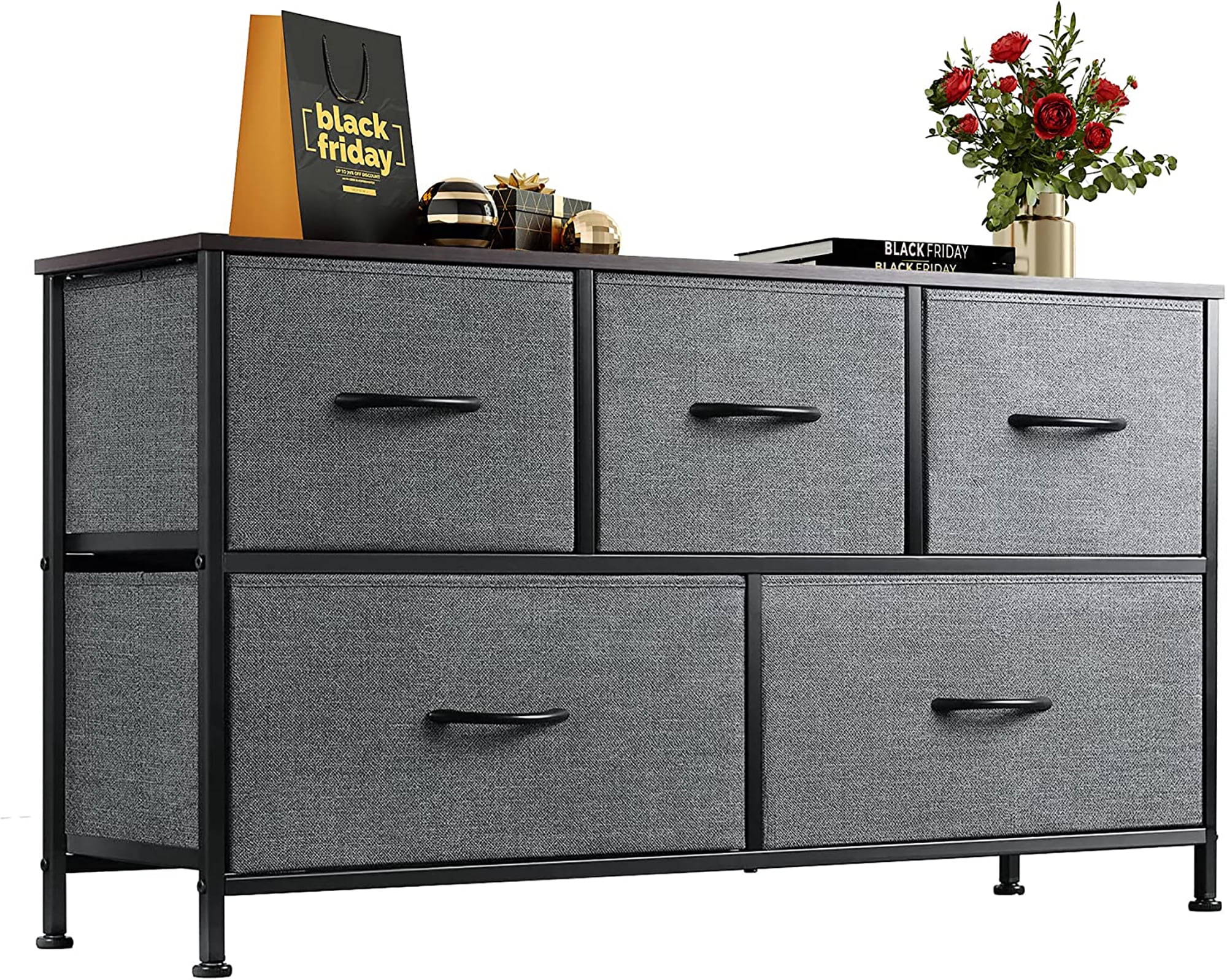 Fabric Dresser for Bedroom & Living Room with 5 Drawers，Furniture Storage Chest Tower Unit for Hallway, Closet & Office Organization-Steel Frame, Wood Top, Easy Pull Fabric Bins
