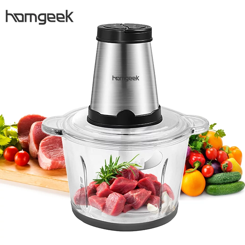 Homgeek Food Processor 300 Watts 2L Electric Meat Grinder Stainless Steel Food Grinder for Home Kitchen Meat Vegetables Nuts Fruits Blender