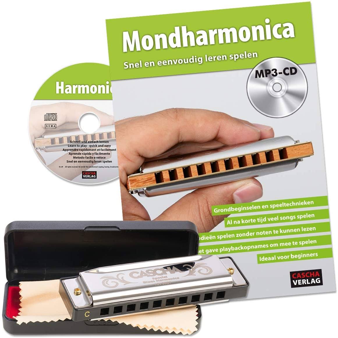 CASCHA Beginners Set with Dutch School, Blues Harmonica Learn to Play with Case, Care Cloth and Instruction Book, C Major Harmon