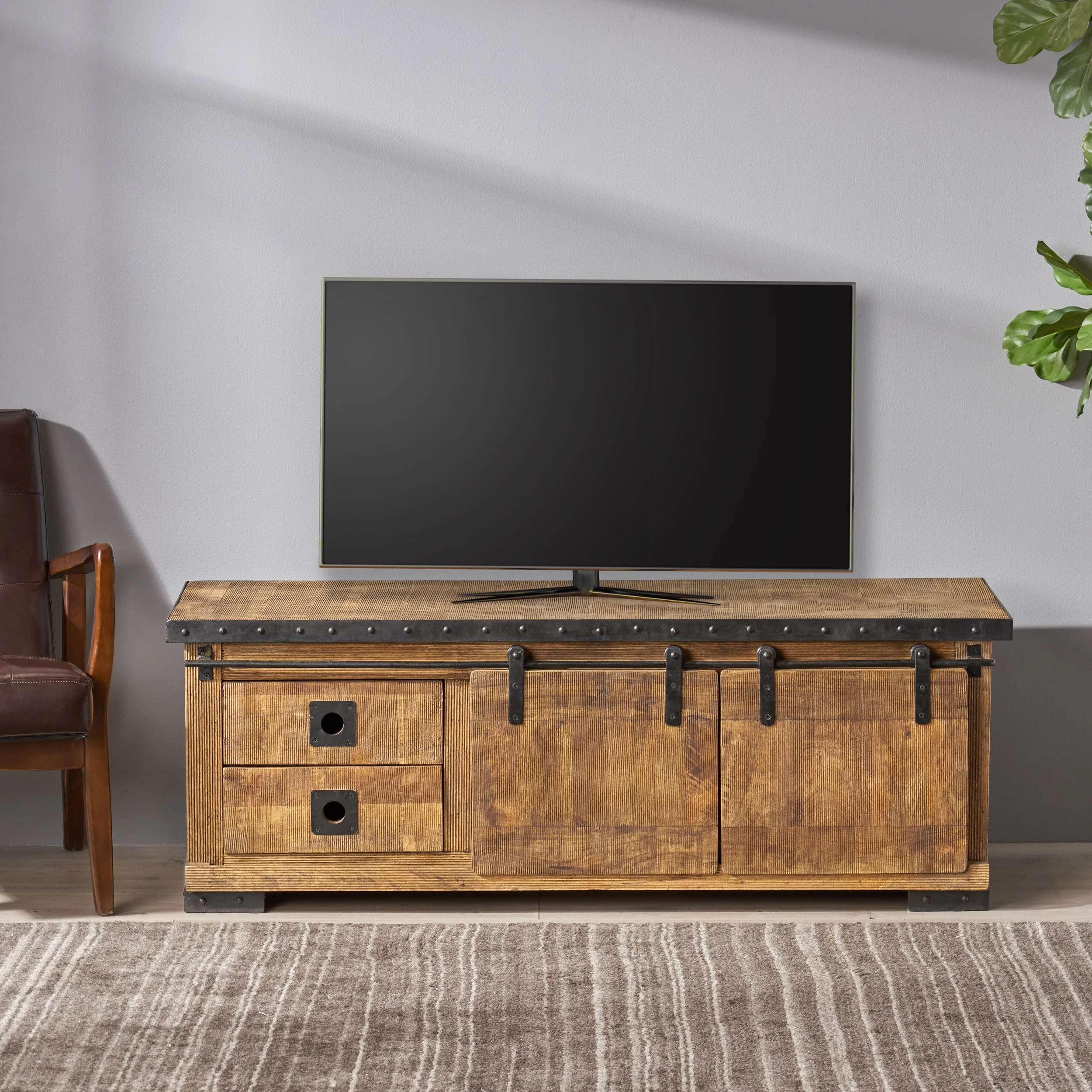 Noble House Zarnish Modern Industrial Mango Wood TV Stand, Natural and Black