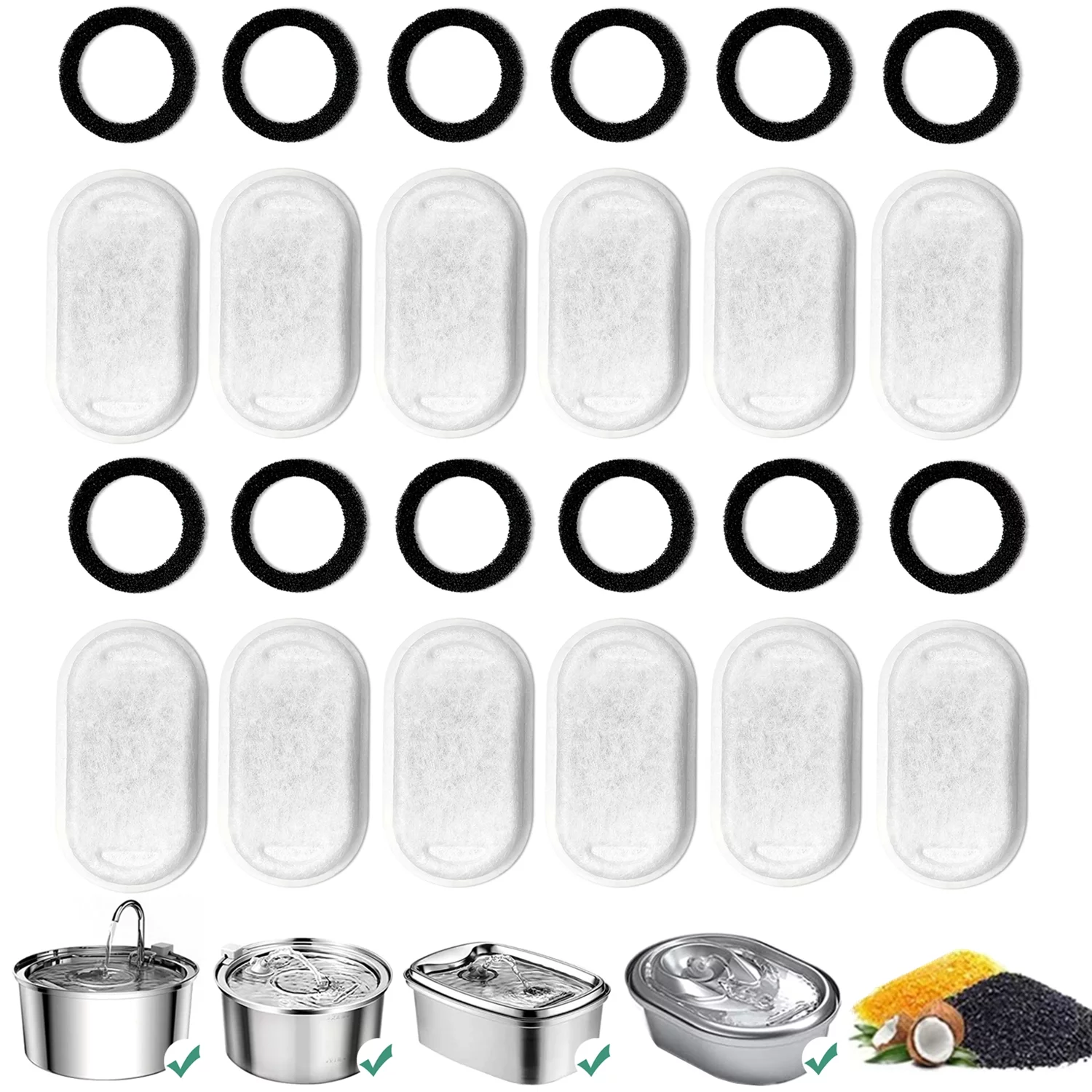 Cat Water Fountain Filters, Replacement Filters for 3.2L/108oz 2L/ 67oz Stainless Steel Pet Drinking Fountains (12 Carbon Filters + 12 Sponges)