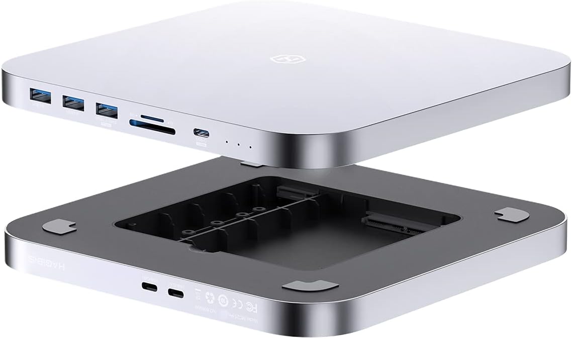 USB-C Hub with Hard Drive Enclosure, Hagibis Type-C Docking Station & Stand for Mac Mini M1 with SATA, USB 3.0, SD/TF Card Reader and USB 2.0 Ports for New MM M1 Laptop (Silver for Mac Mini 2020)
