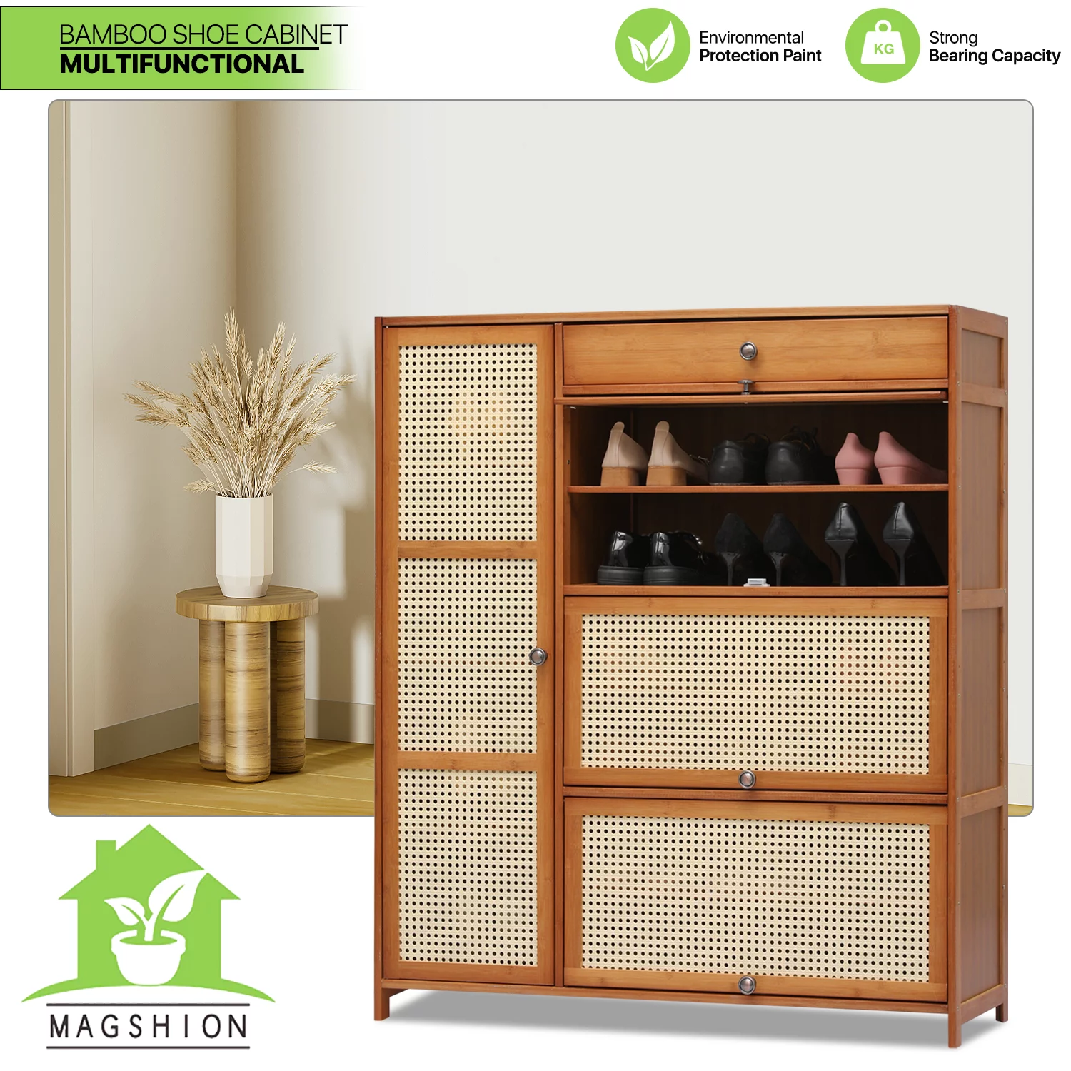 Magshion Bamboo 28 Pairs Shoe Cabinet, 6-Shelves Entryway Shoe Storage Cabinet with 4 Rattan Doors and 4 Compartments, Flip-Up Shoe Rack Organizer For Hallway, Brown