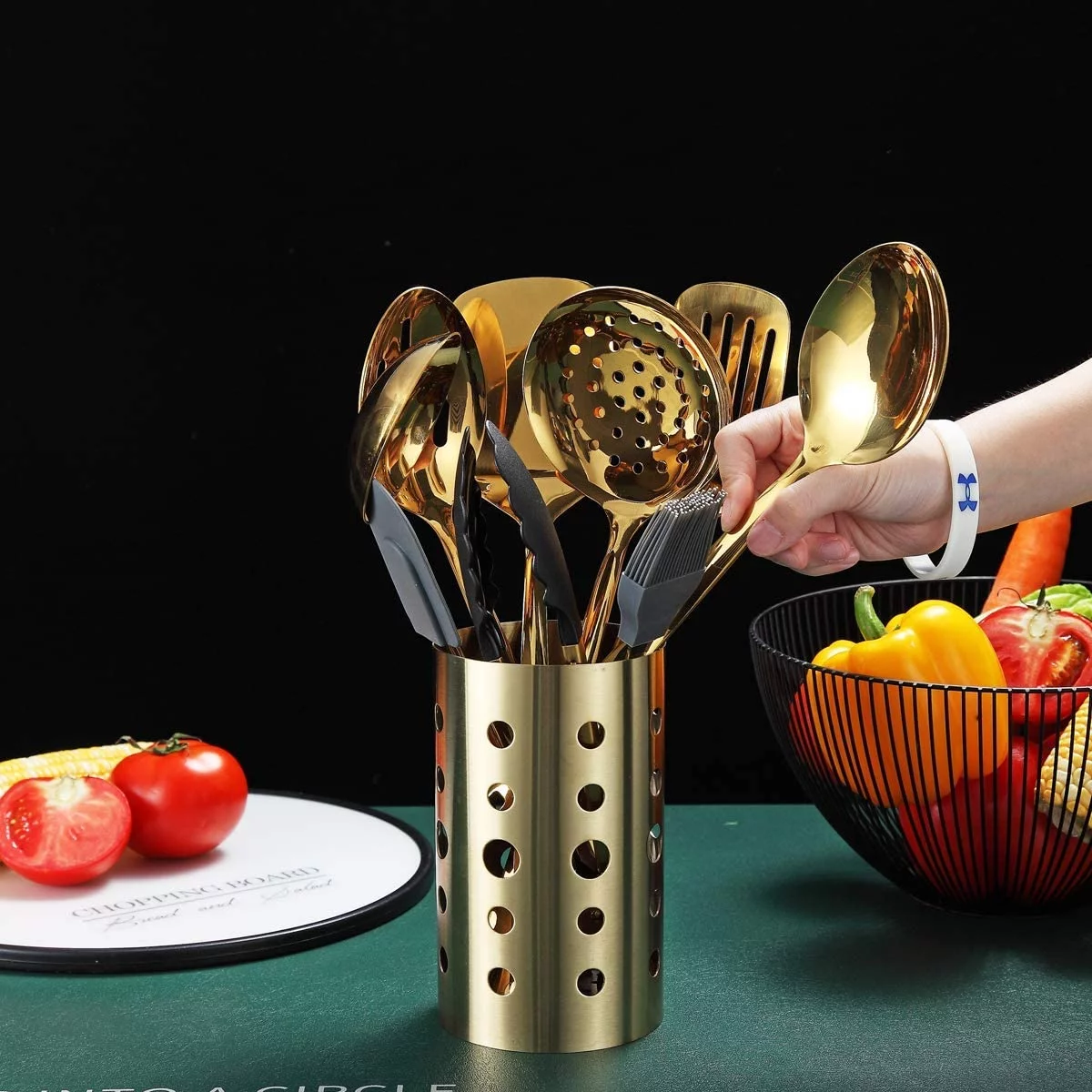 ReaNea 13 Pieces Gold Cooking Utensils Set, Stainless Steel Kitchen Utensils Set with Utensil Holder