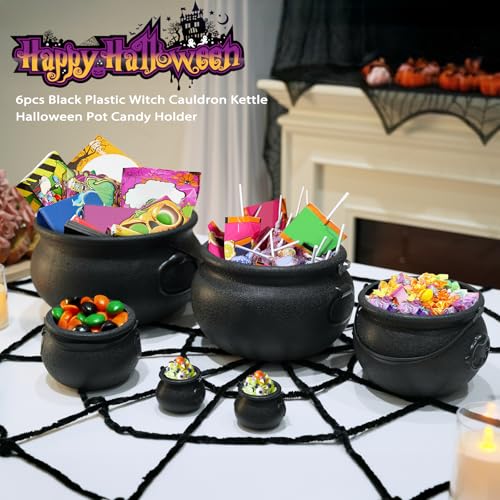 Halloween Decorations - 6 in 1 Package Large Black Plastic Witches Cauldron - Cauldron Candy Bowl - Trick or Treat - Cauldron Pot for Indoor Outdoor Party Table Decor