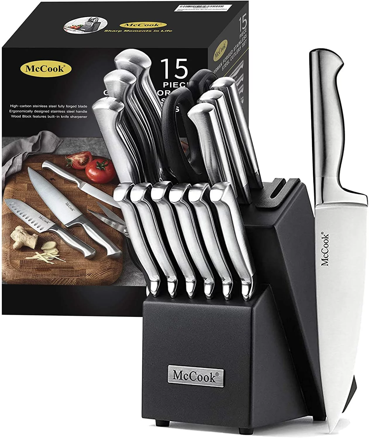 Mccook Mc21 15 Pieces Kitchen Knife Sets With Block Cutlery Knife Block Set Built-In Sharpener