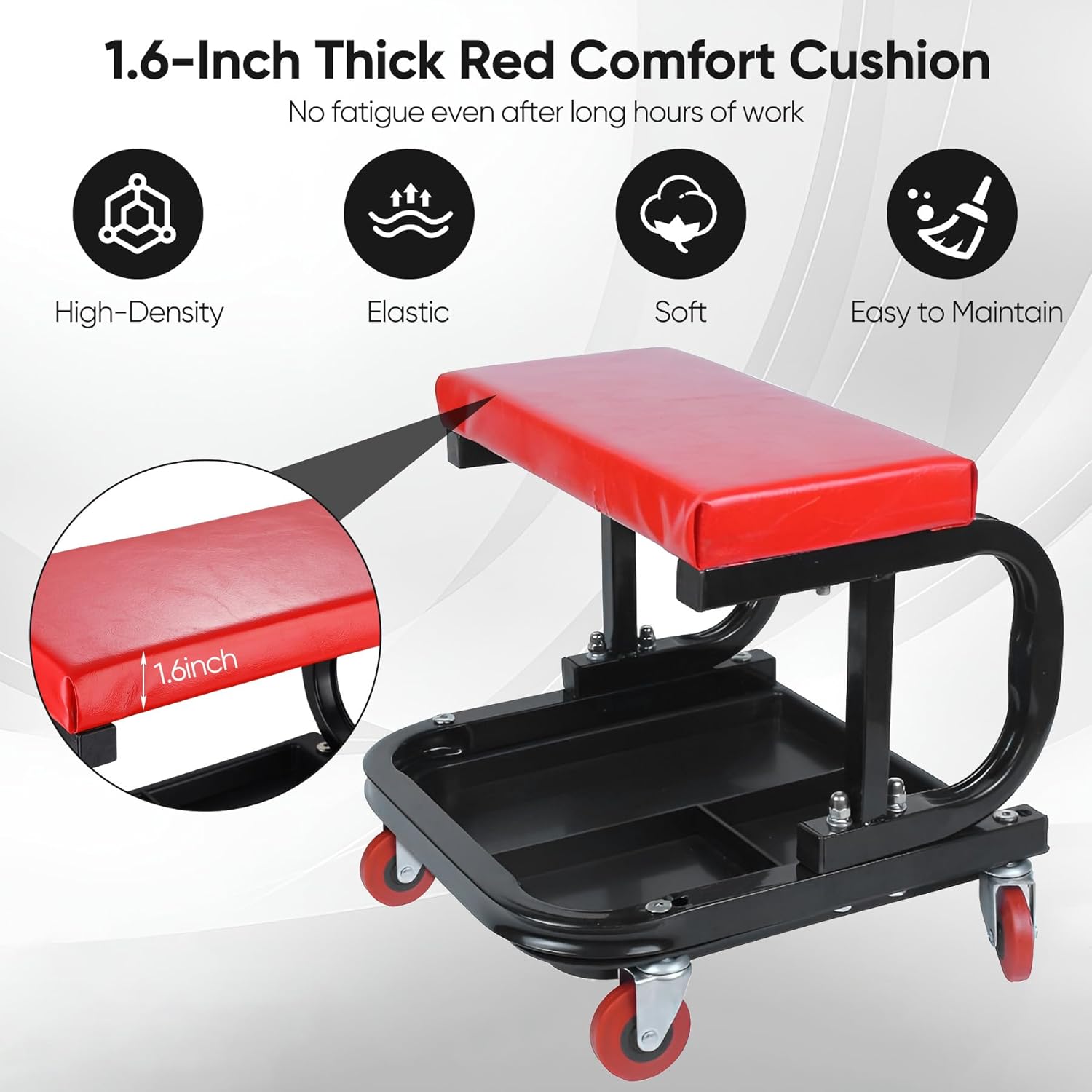 New Garage Roller Seat, Car Creeper Seat with Tool Tray Storage for Garages, Repair Shops, Heavy Duty Garage Floor Creeper, Padded Mechanic Roller Seat Gifts, 250 LBS Capacity, Black/Red.