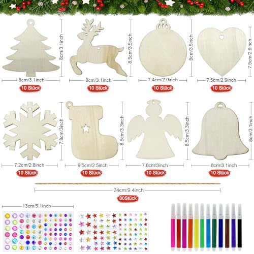 Apragaz 80 Pcs Wooden Christmas Ornaments for Crafts, 8 Styles Unfinished Wood Ornaments with Pens, Gem and Star Stickers, Blank Wood Christmas Tree Ornaments for DIY Craft Xmas Hanging Decoration