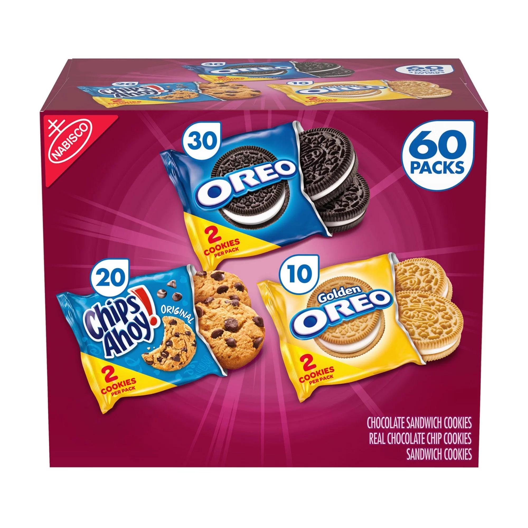 Nabisco Sweet Treats Cookie Variety Pack Oreo Oreo Golden and Chips Ahoy 60 pcs Individually Pack  for Kids Adults Snacks Lunchbox Office Convenient and On the Go Snacking (1 Box)