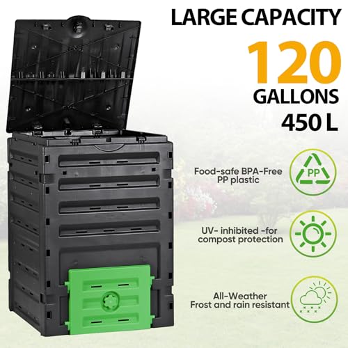 F2C Garden Compost Bin from BPA Free Material -120 Gallon(450 L) Large Compost Bin Aerating Outdoor Compost Box Easy Assembling, Lightweight, Fast Creation of Fertile Soil, Black ¡­