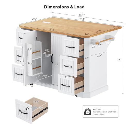 Amposei Rolling Kitchen Storage Island on Wheels with Power Outlet, Drop Leaf Breakfast Bar Kitchen Cart Island Table with Drawers, Door Shelf & Spice Rack, 55.5-Inch, White