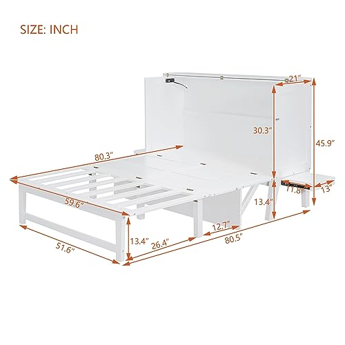 Queen Size Murphy Bed with Bookcase,Foldable Platform Bed Folded into Cabinet, Wood Murphy Bed Frame with Storage Drawer and Bedside Shelves Compatible with Bedroom,Small Space(White) ，Queen Bed