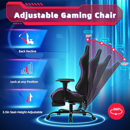 ECOTOUGE PC Massage Gaming Chair with Footrest Ergonomic Office Desk Chair Racing PU Leather Recliner Swivel Rocker with Headrest and Lumbar Pillow, Blue