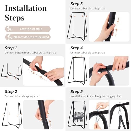 SUNCREAT Hammock Chair with Stand Included, Heavy Duty Hanging Chair with Stand, 330 lbs Capacity, Patent Pending, Grey