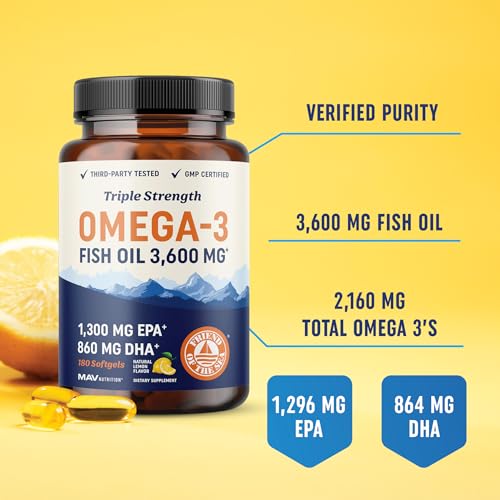 Triple Strength Omega 3 Fish Oil | 3600 mg EPA & DHA | Over 2100mg of Omega 3 Fatty Acids | 1300mg EPA + 860mg DHA | Best Essential Fatty Acids | Premium Burpless Softgel Supplements (120 Ct)