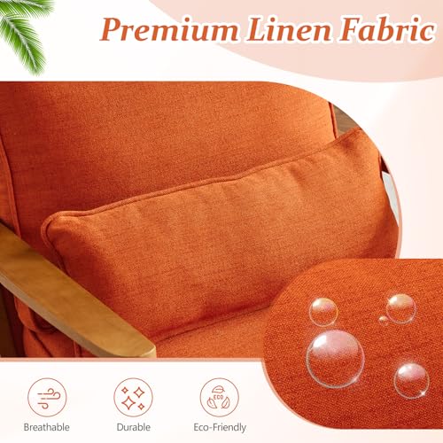 VINGLI Solid Wood Wide Armrests Accent Chair,Upholstered Mid Century Modern Chair with Pillow,Comfy Reading Chair Farmhouse Arm Chair,Chairs Living Room,Bedroom,Guest Room,Linen Fabric,Beige