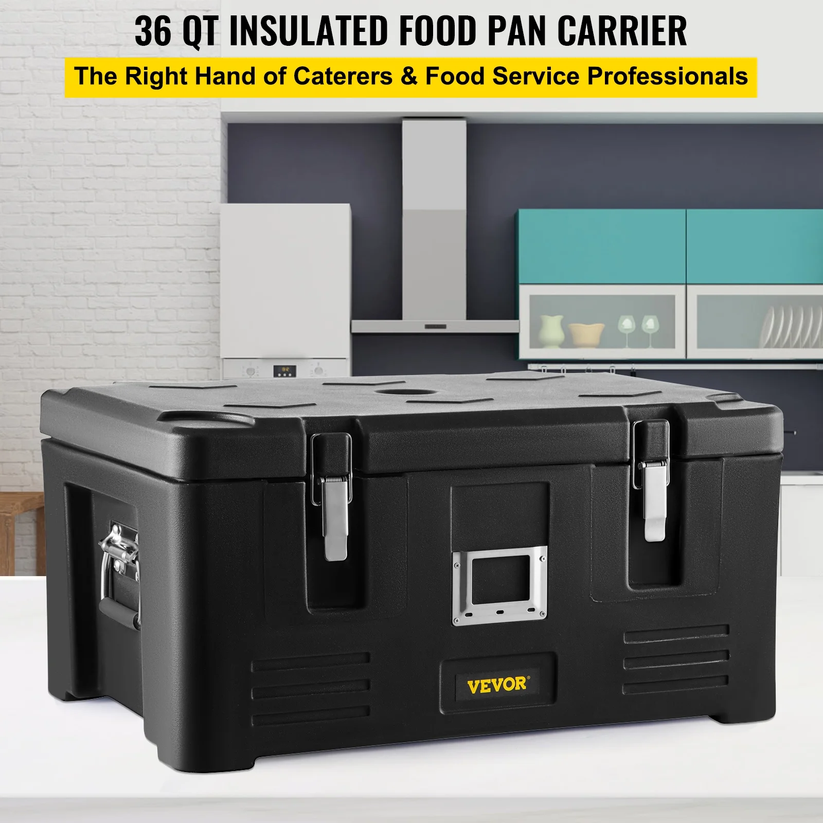 VEVOR Insulated Food Pan Carrier, 36Qt Capacity, Stackable Catering Hot Box with 3 Stainless Steel Pans,Top Load LLDPE Food Warmer with Elastic Side Handles and Buckles, for Restaurant Canteen, Black