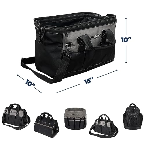 Olympia Tools 16 Inch Wide Mouth Tool Bag, Tool Tote with Water Proof Molded Base, Tool Bags for men with 21 Pockets and 7 Belt Loops, Padded Handle, Adjustable Shoulder Strap