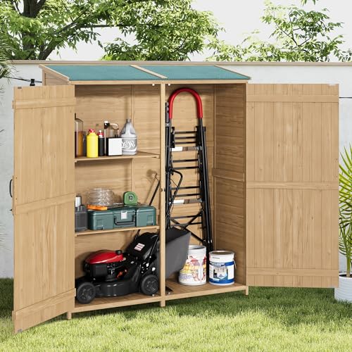 Outdoor Storage Shed with Waterproof Asphalt Roof 2 Removable Adjustable Shelfs and Double Lockable Doors Garden Tool Storage Cabinet with Side Shelf for Long-Size Tools for Yard Garage 33.52 CU.FT