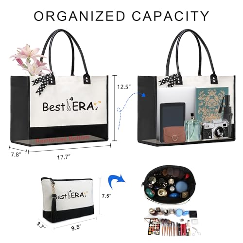 BeeGreen Mother's Day Gifts Personalized Women's Large White and Black Canvas Tote Bag, Embroidered Initials, Leather Handle, Zipper Closure