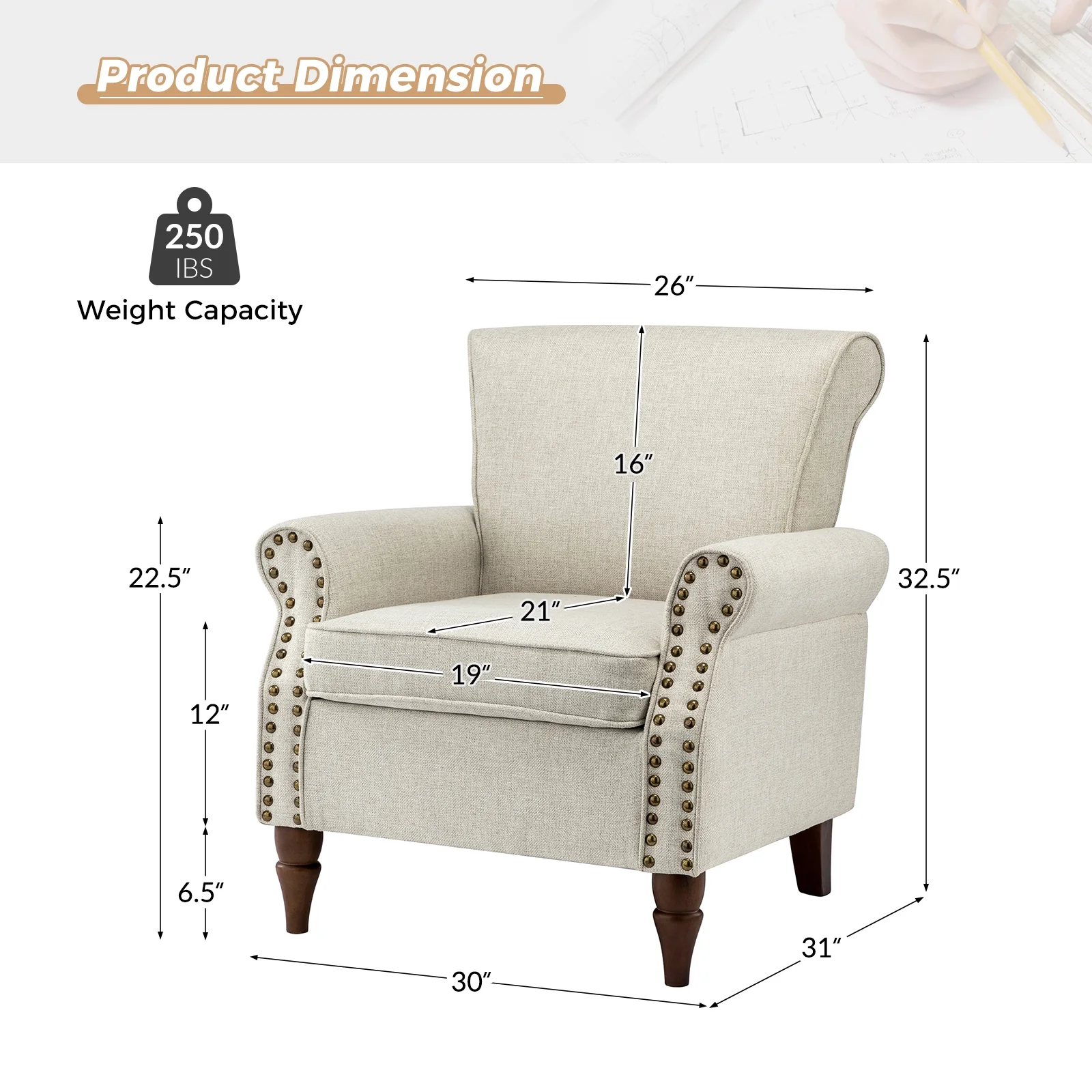 Traditional Armchair Turned Legs Accent Chair Nailhead Trim Home Living Room Bedroom Oatmeal