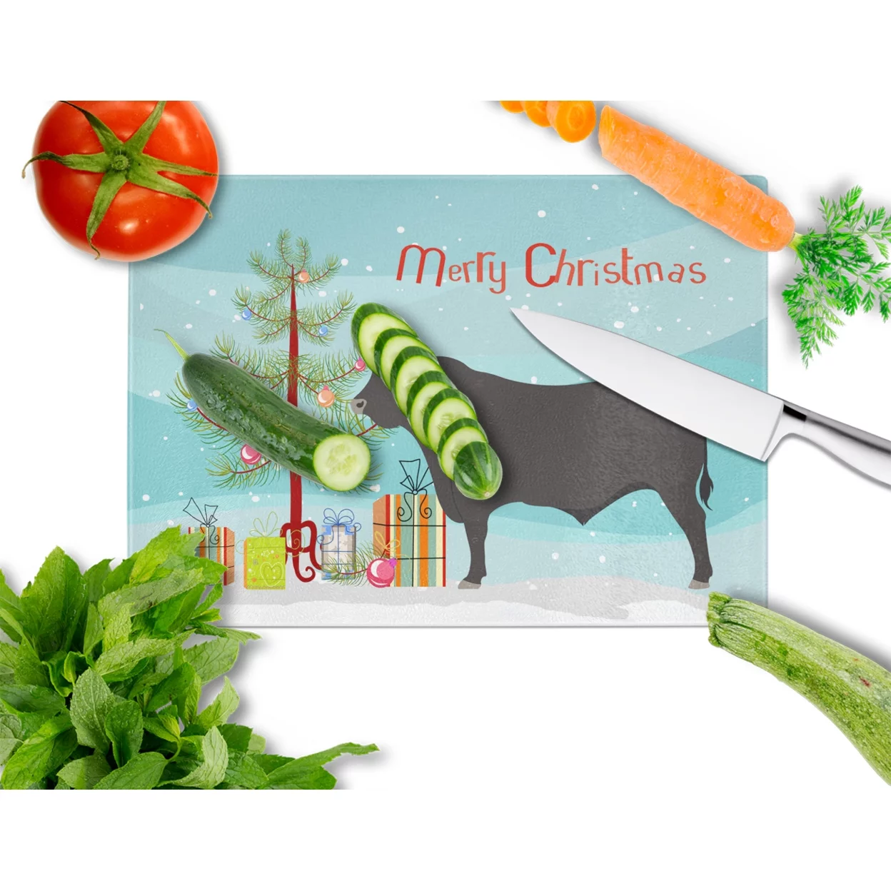 Caroline's Treasures Black Angus Cow Christmas Glass Cutting Board Large