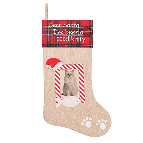 Burlap Pet Christmas Stockings, Personalized 20 Inches Christmas Paw Stockings Hanging Ornaments with Family Photo Frame, Xmas Tree Hanging Gift Bag for Home Holiday Xmas Party Decorations