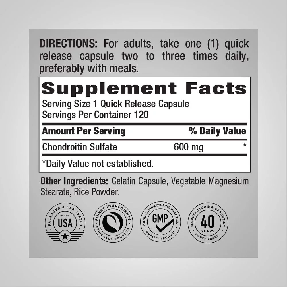 Chondroitin Sulfate 600 mg | 120 Capsules | by Piping Rock