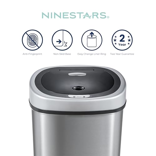 NINESTARS DZT-50-9 Automatic Touchless Infrared Motion Sensor Trash Can, 13 Gal 50L, Stainless Steel Base (Oval, Silver/Black Lid)