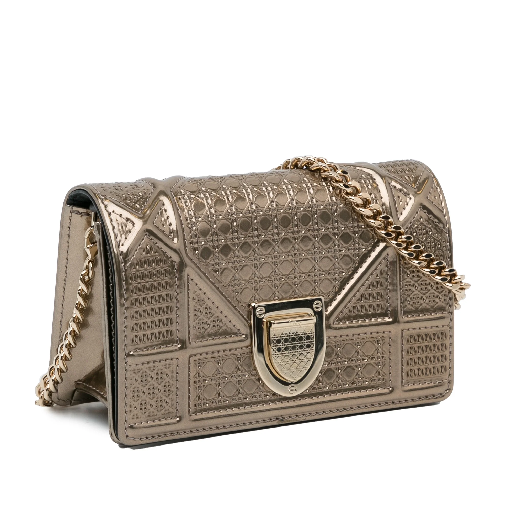 Pre-Owned Authenticated Dior Microcannage Diorama Wallet on Chain Patent Leather Gold Crossbody Bag Unisex (Good)