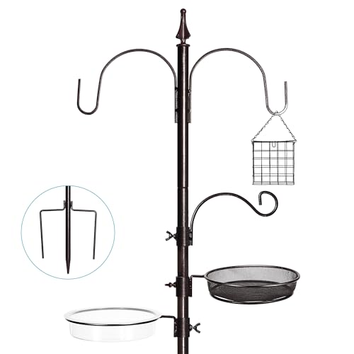 6-Hook Bird Feeding Station Kit, Wild Bird Feeder Stand Pole, Multi-Feeder Kit Stand with 4 Feeders, Bird Bath and Mesh Tray, 94 Inch