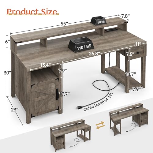 EnHomee Farmhouse Office Desk with Drawer & Power Outlets, Wood Computer Desk Monitor Stand for Bedchamber Study, Reversible Home Office Desks with Storage Cabinet for Working Writing Gaming,Ash Gray