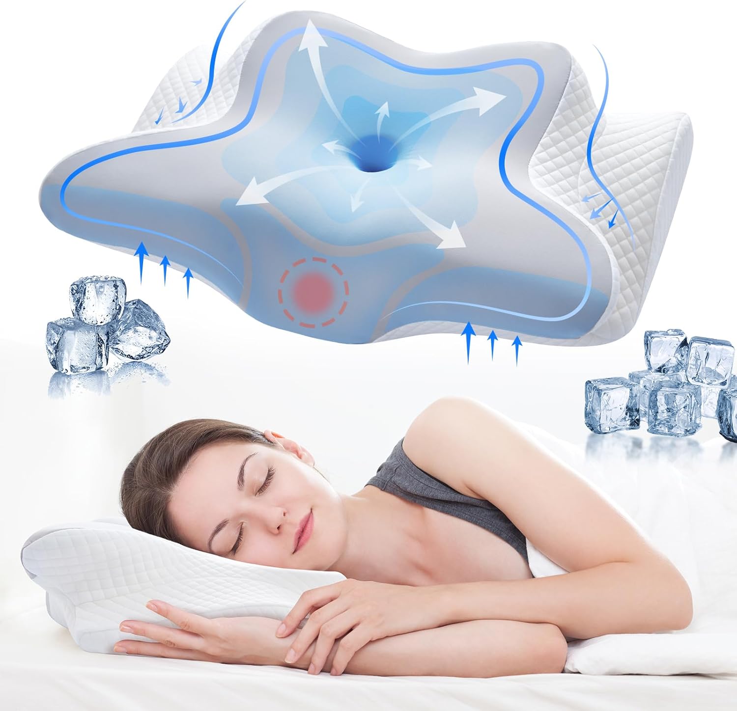 Cervical Pillow for Neck Pain Relief,Contour Memory Foam,Ergonomic Orthopedic Neck Support Pillow for Side,Back & Stomach Sleepers with Breathable Pillowcase,Queen Size,Light Grey, 1pack