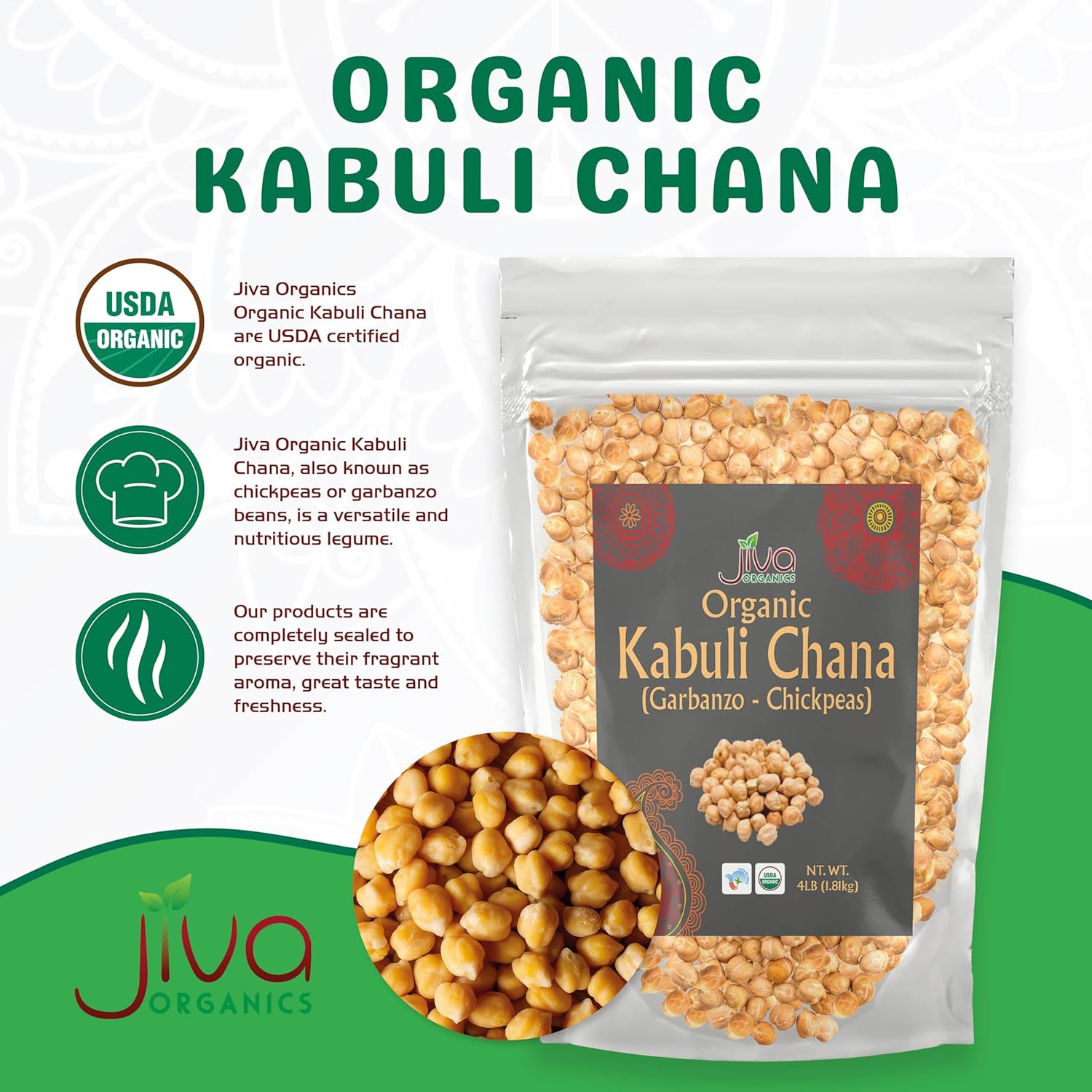 Jiva Organic Raw Chickpeas (Whole Garbanzo Beans) 4 LB Large Bag - Gluten Free, Non GMO, Vegan