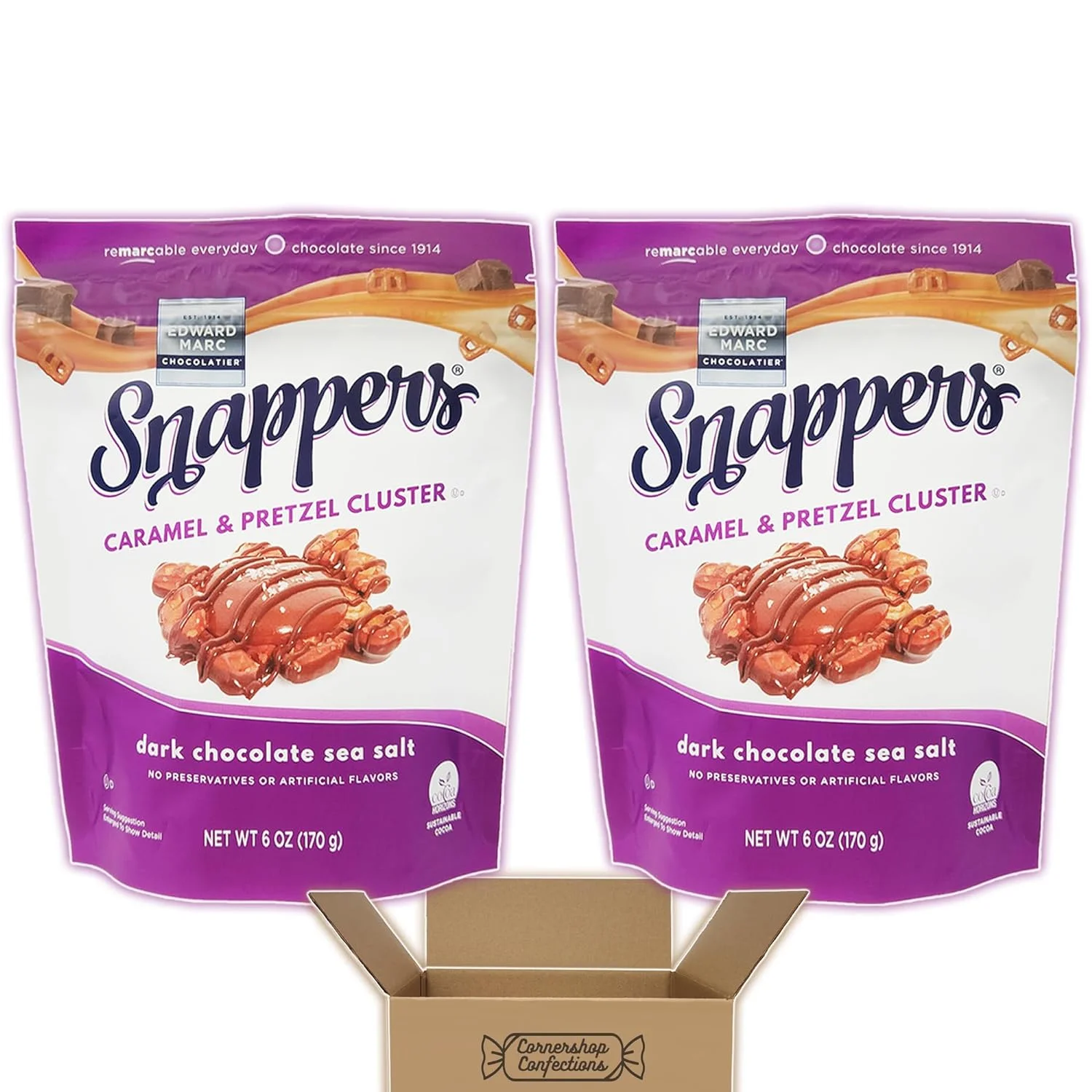 Snappers Dark Chocolate Sea Salt Caramel And Pretzel Cluster 2 Bag Bundle Pack - 2 Bags Of Delicious Snappers Treats - Chocolate, Caramel, & Pretzel Snack - In Protective Box