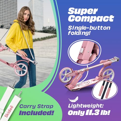 Skidee Adult & Teen Scooter Adjustable Height, Folding, Large Wheels, Lightweight, Durable, Anti-Shock Suspension, Up to 220 lbs