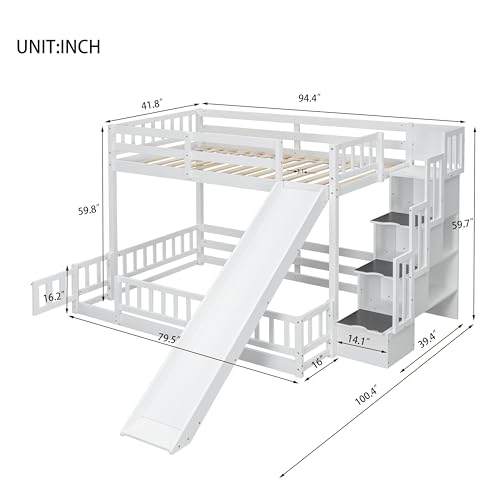 Twin Over Full Bunk Bed with Slide, Solid Wood Bunk Bed Frame with Storage Staircase and Safety Guardrails for Teens Adults,Low Loft Bed with Door Fence, Space Saving,No Box Spring Required, White