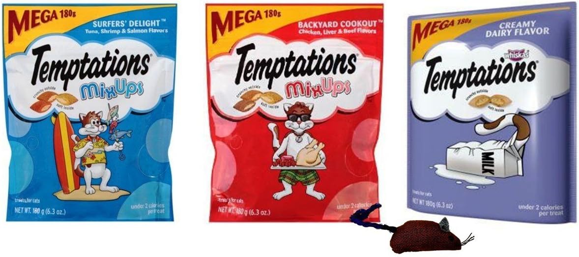Temptations Mega Size Low Calorie Cat Treats 3 Flavor Variety with Toy Bundle, 1 Each: Backyard Cookout, Surfers' Delight, Creamy Dairy (6.3 Ounces)
