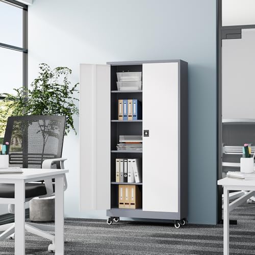 Metal Rolling Storage Cabinet-74.6” Tall Steel File Cabinets with Wheels Lockable Doors and Adjustable Shelves-White Steel Storage Cabinet for Home, School, Office, Garage