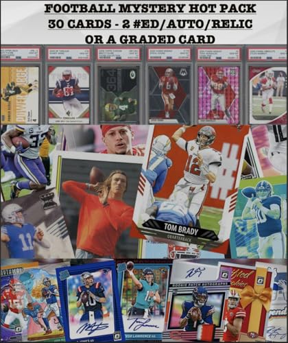 Football Mystery Hot Pack - 30 Cards - 2 Hits or Graded Guaranteed - #'ed, Relic, Auto, PSA or BGS 8+, 10 Rookies/Inserts, Color, Parallel, SP or Top Player