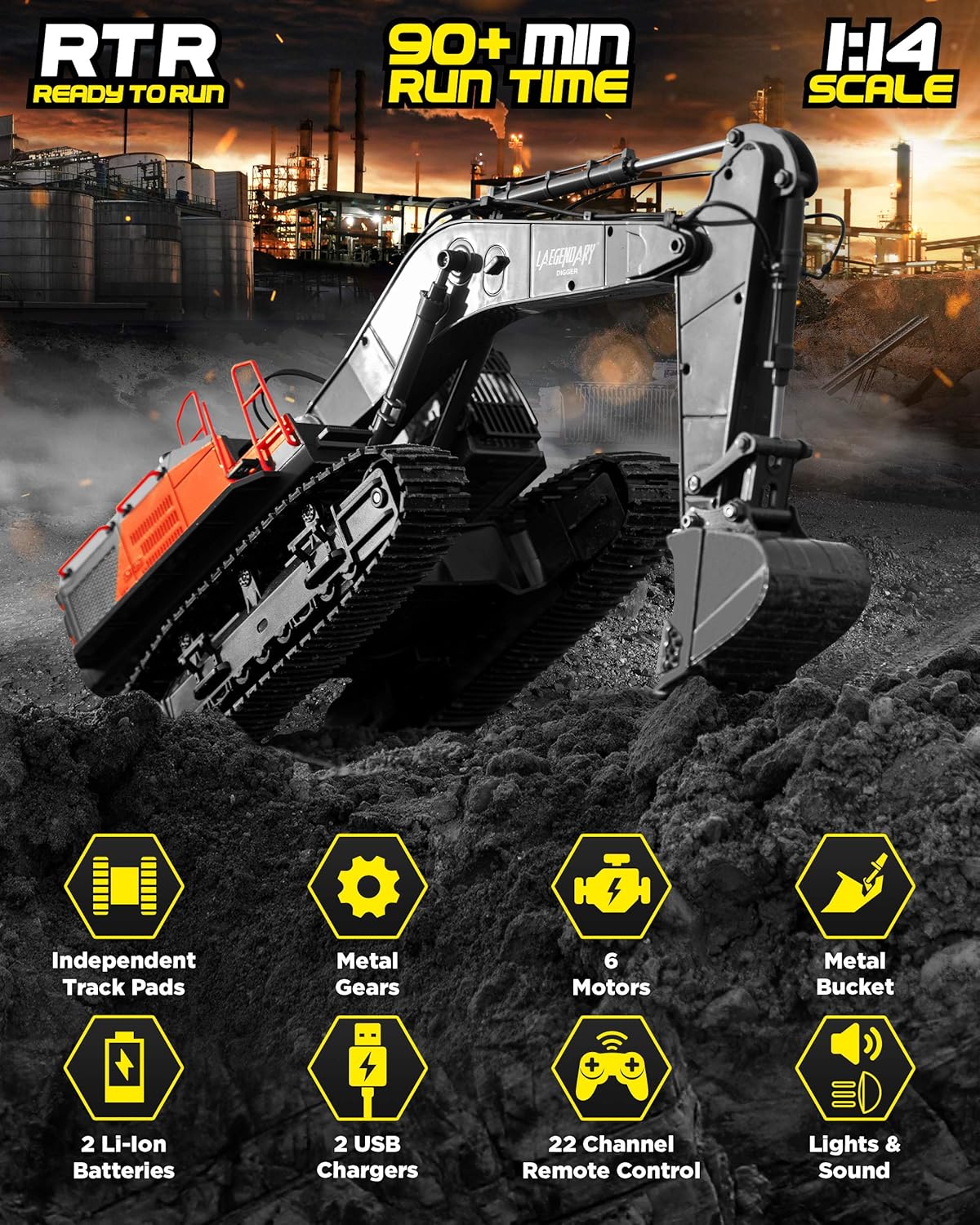 1:14 Scale Large Remote Control Excavator Toy for Boys and Adults �C Compatible with Dump Truck RC Construction Vehicles - 22 Channel Full Functional Metal Shovel RC Truck - 2 Batteries & 2 Chargers