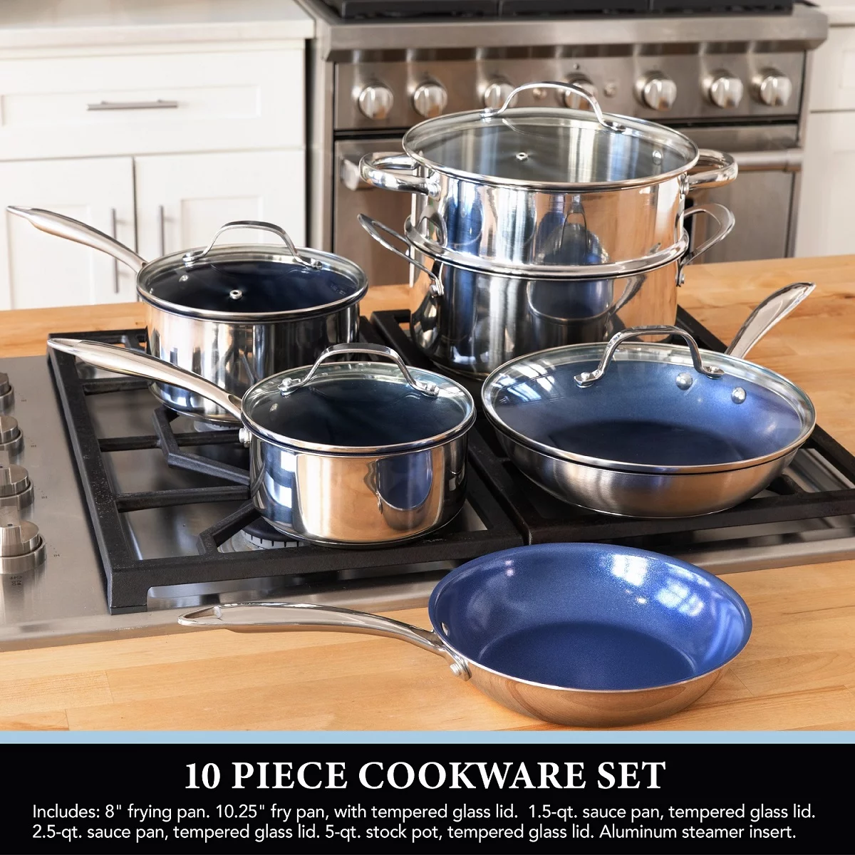 Granitestone Pro Stainless-Steel Pots & Pans Set Nonstick, Tri-Ply Base, 10 Piece Blue Nonstick Cookware Set includes Frying Pans, Stock Pots & Skillets, Dishwasher & Induction Safe, Stay Cool Handles