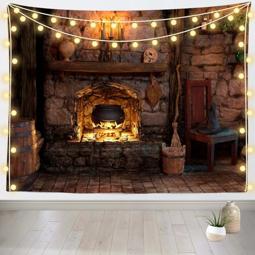 Loccor Halloween Witch Cottage Tapestry Spooky Magic Kitchen Fireplace Magical Potion and Skull Tapestries Medieval Wizard Room Wall Hanging Halloween Party Kids Adults Bedroom Home Decor 118''x98''