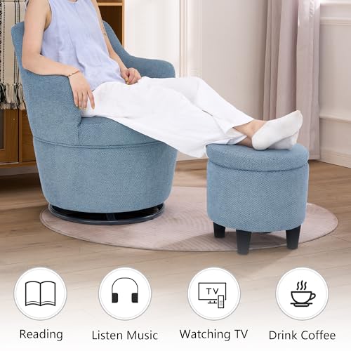 360° Swivel Accent Chairs with Ottoman, Modern Comfy Fabric Barrel Living Room Chair, Leisure Bedroom Armchair with Footstool, Blue