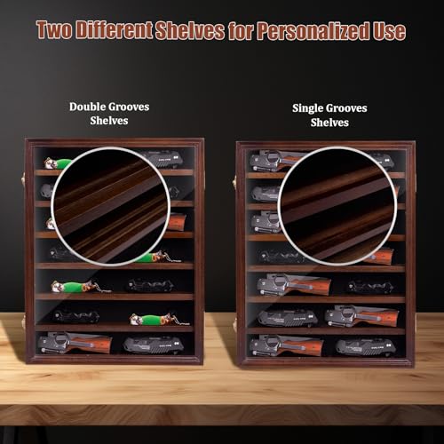 7 Layers Knife Display Case, Cherry Wood, Locking Cabinet with 6 Removable Double Shelves and 6 Single Shelves, Wall Mounted or Desk Display