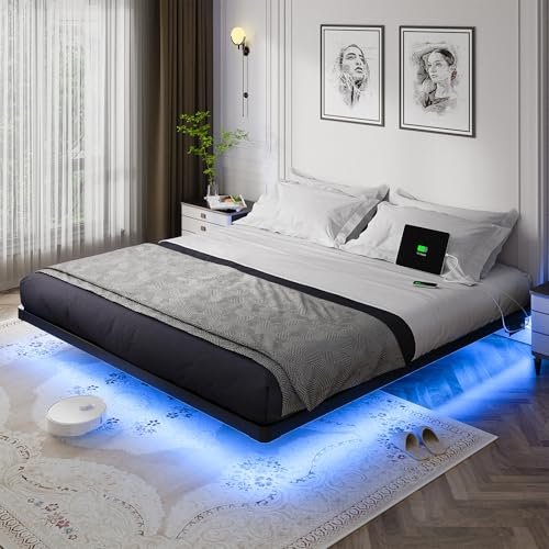 OLEVS Floating Bed Frame Full Size with Smart LED Lights and Charging Station - Modern Metal Platform Bed, Easy Assembly No Box Spring Needed